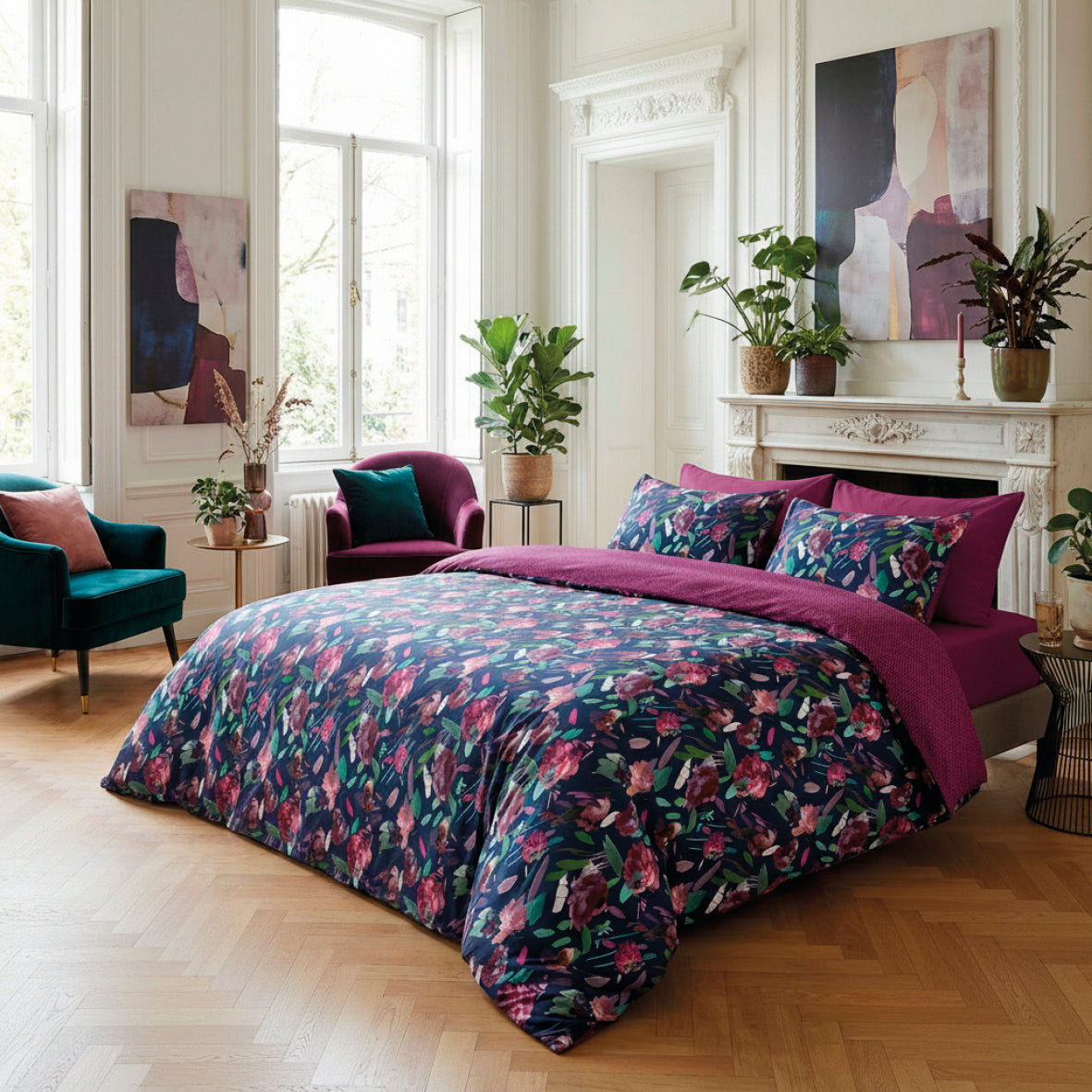 Housse de couette + taie(s) d’oreiller satin de coton - Arty flowers bleu foncé