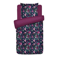 Housse de couette + taie(s) d’oreiller satin de coton - Arty flowers bleu foncé - 135 x 200 cm + 80 x 80 cm