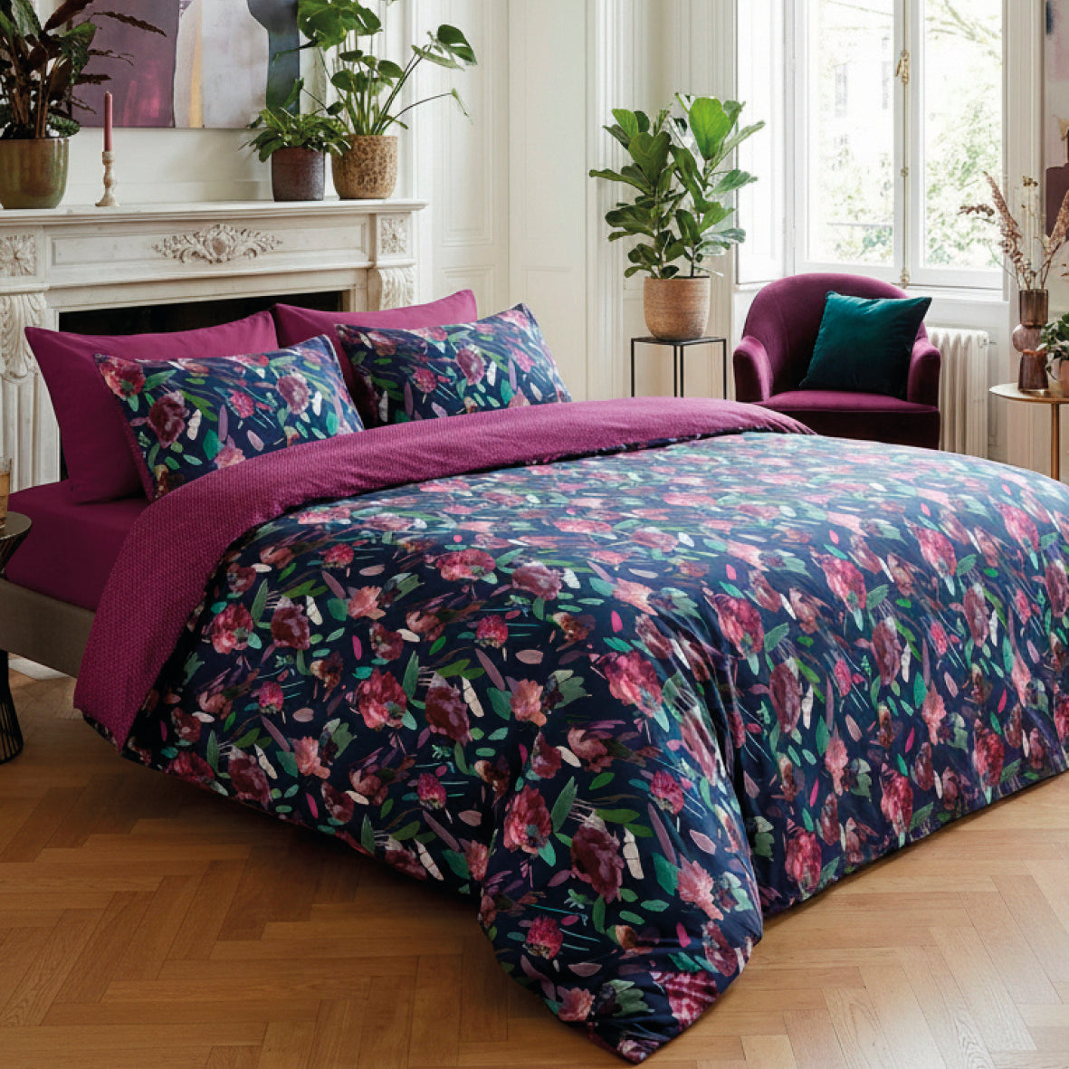 Housse de couette + taie(s) d’oreiller satin de coton - Arty flowers bleu foncé