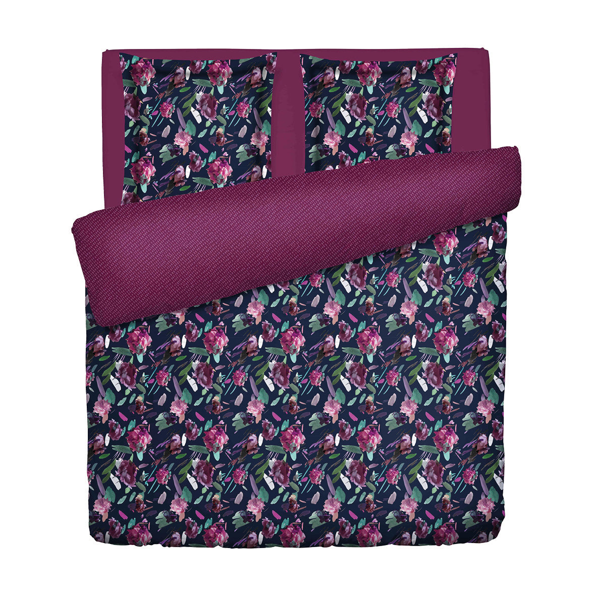 Housse de couette + taie(s) d’oreiller satin de coton - Arty flowers bleu foncé - 200 x 220 cm + 2 x (80 x 80 cm)