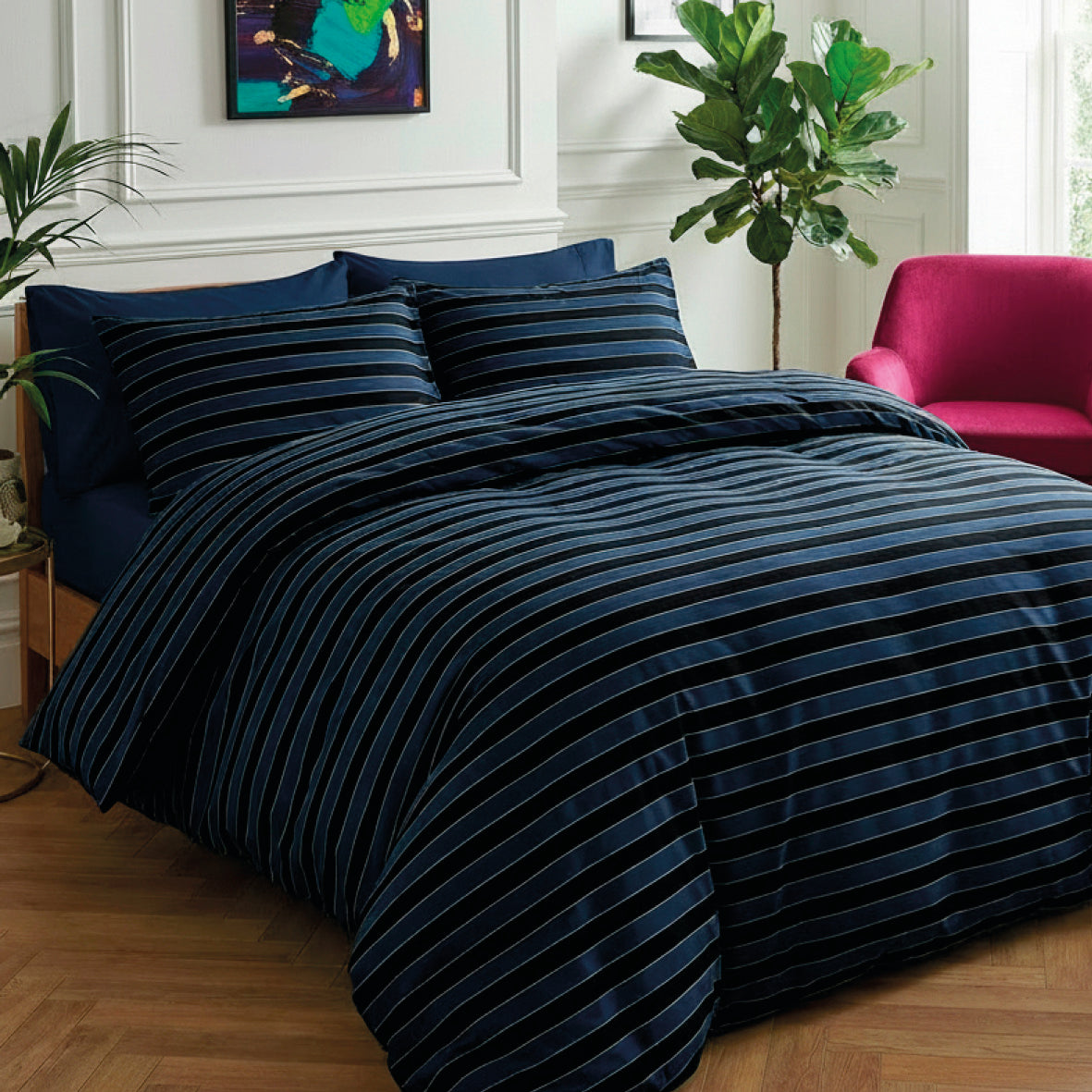 Housse de couette + taie(s) d’oreiller satin de coton - Eclipse bleu foncé