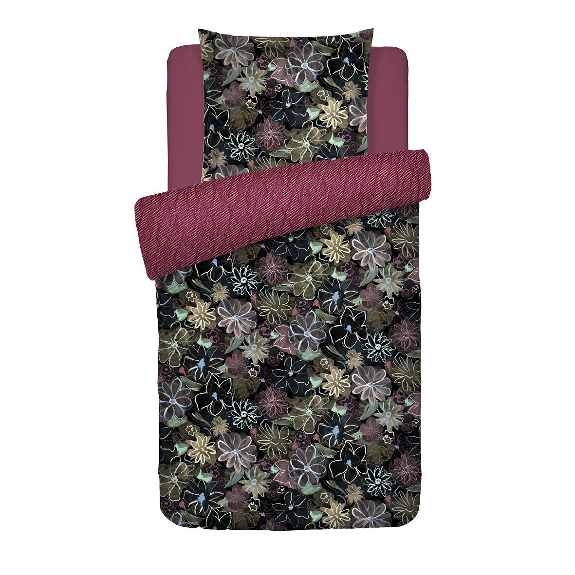 Housse de couette + taie(s) d’oreiller satin de coton - Fleurs pastel noir - 135 x 200 cm + 80 x 80 cm