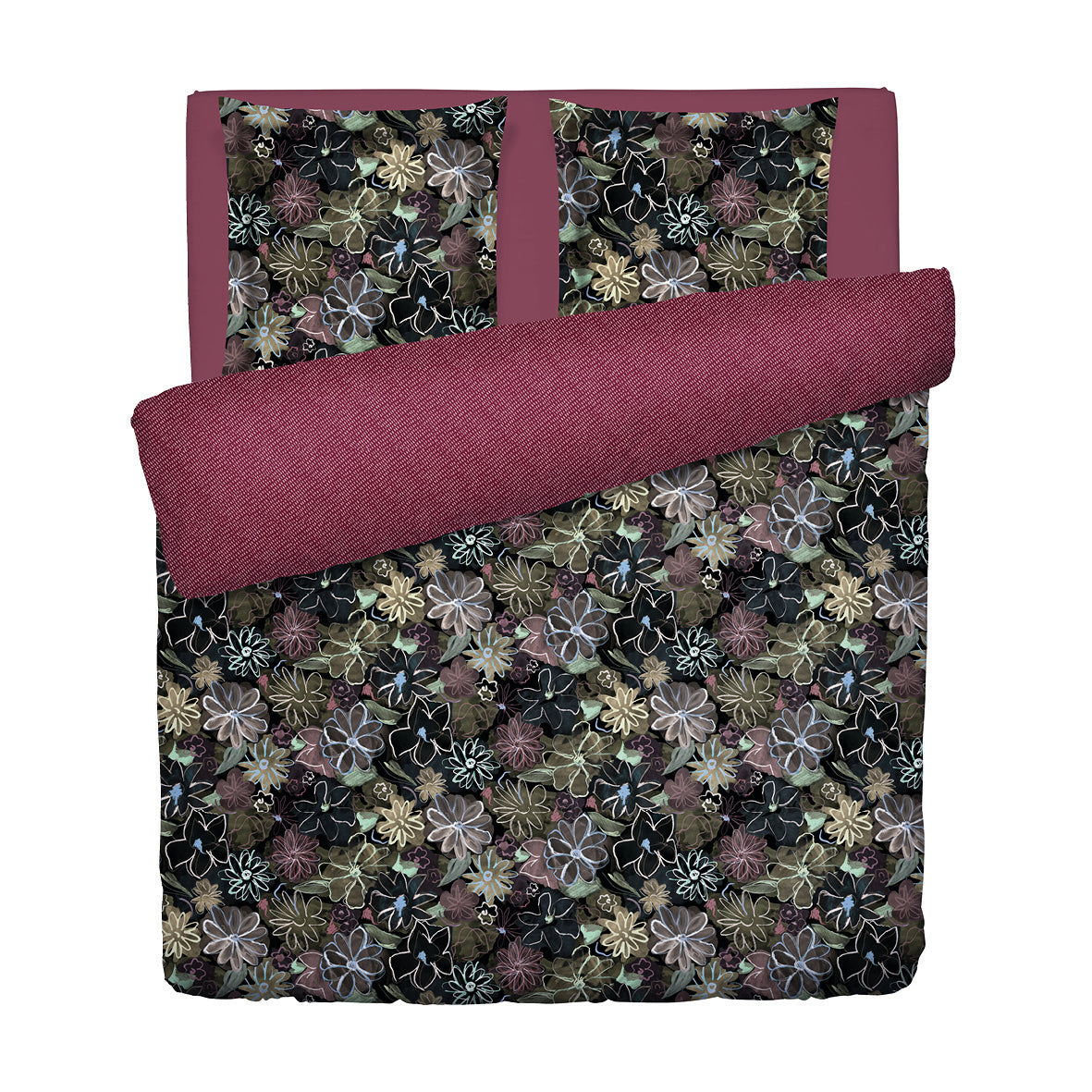 Housse de couette + taie(s) d’oreiller satin de coton - Fleurs pastel noir - 200 x 220 cm + 2 x (80 x 80 cm)
