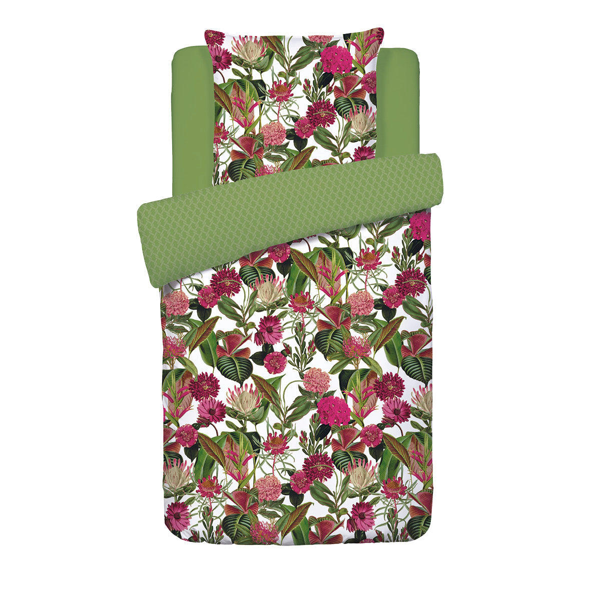 Housse de couette + taie(s) d'oreiller satin de coton - Garden vert - 135 x 200 cm + 80 x 80 cm