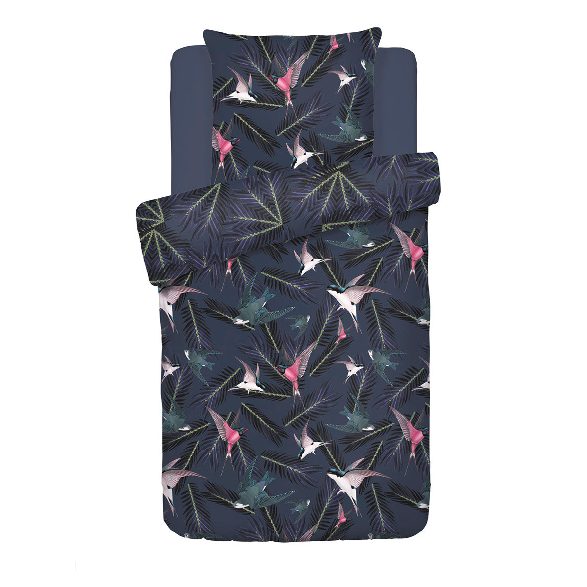 Housse de couette + taie(s) d'oreiller satin de coton - Hirondelles Bleu - 140 x 200 cm + 63 x 63 cm