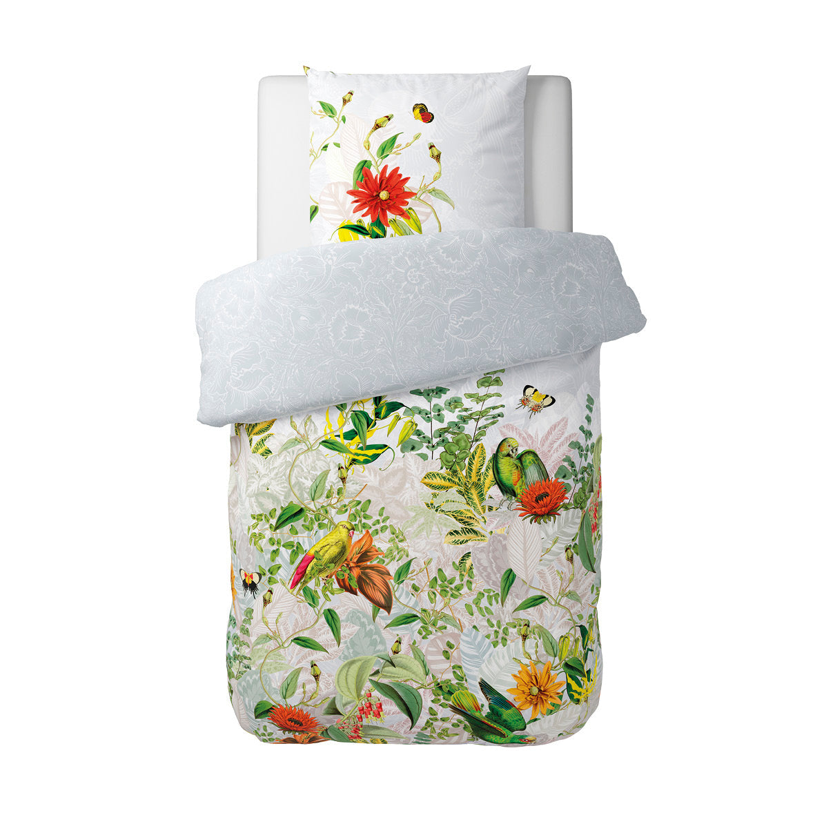 Housse de couette + taie(s) d'oreiller satin de coton - Jardin d'hiver gris perle - 140 x 200 cm + 63 x 63 cm