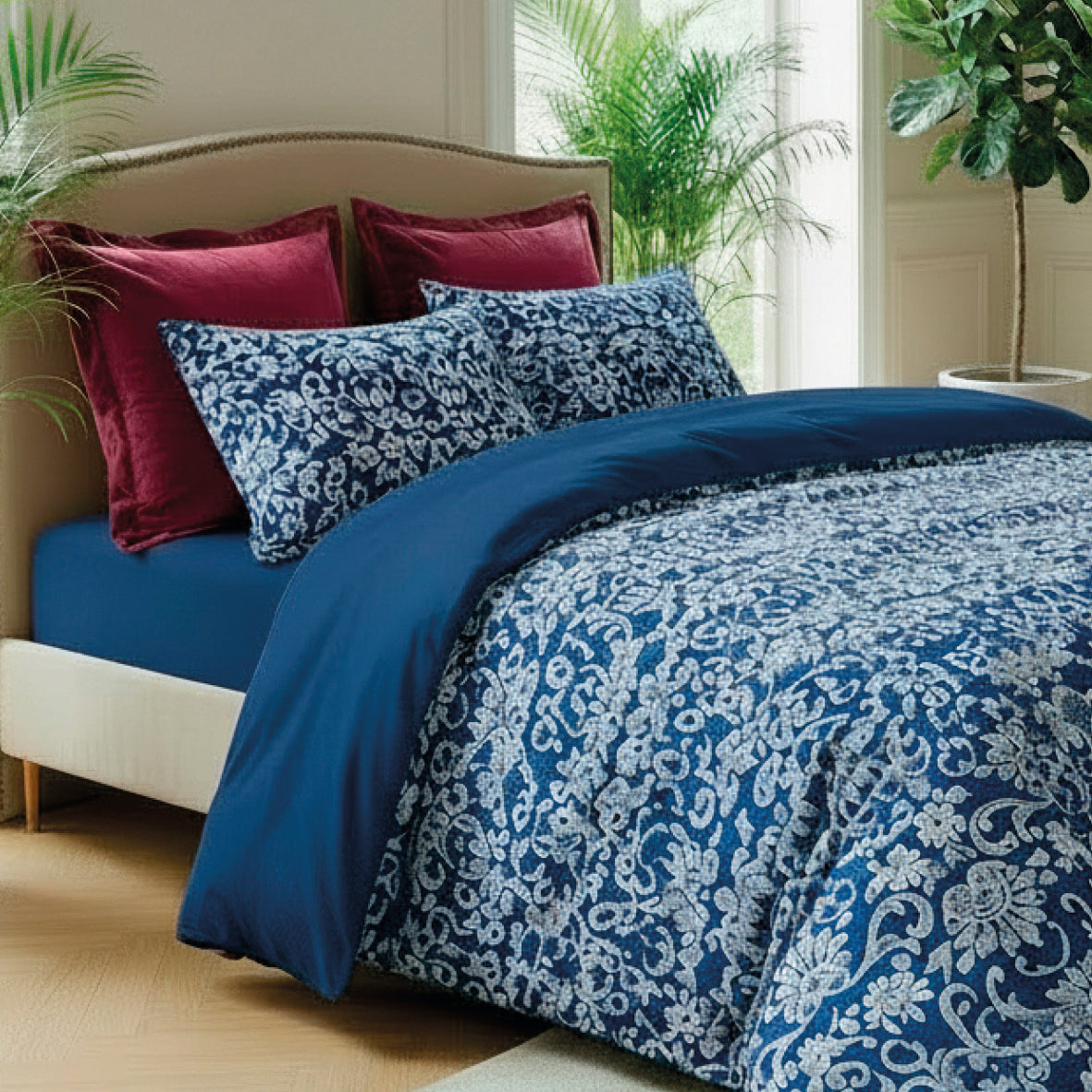 Housse de couette + taie(s) d’oreiller satin de coton - Passementerie bleu