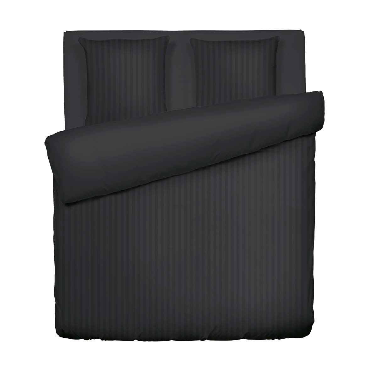 Housse de couette + taie(s) d’oreiller satin de coton rayure tissé dobby - Noir - 200 x 220 cm + 2 x (80 x 80 cm)