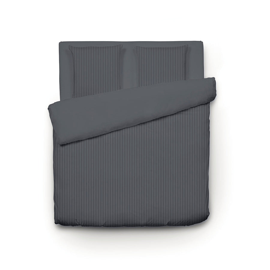 Housse de couette + taie(s) d'oreiller satin de coton - Rayure tissé gris foncé