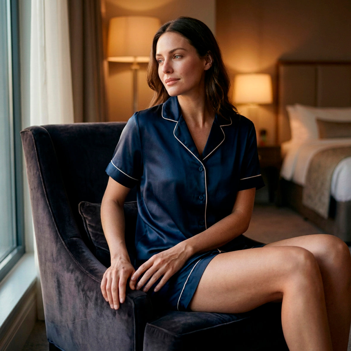 Set de pyjama court en soie - Calista Bleu marine - CXL by Christian Lacroix Maison
