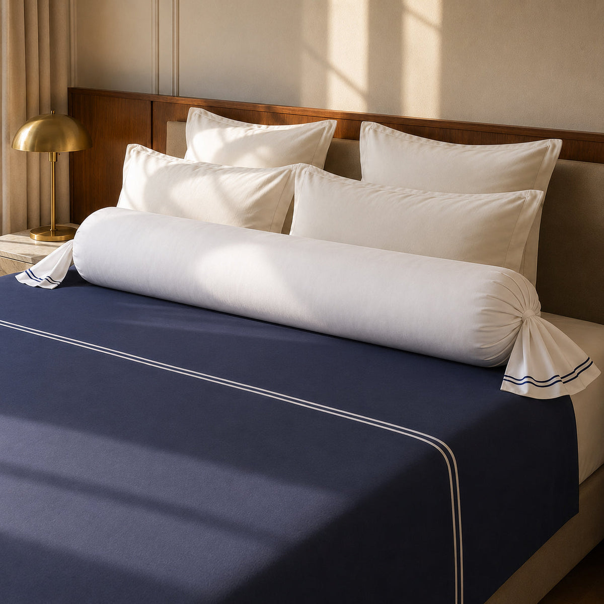 Taie de traversin satin de coton - Nîmes Bleu foncé / Blanc - CXL by Christian Lacroix Maison