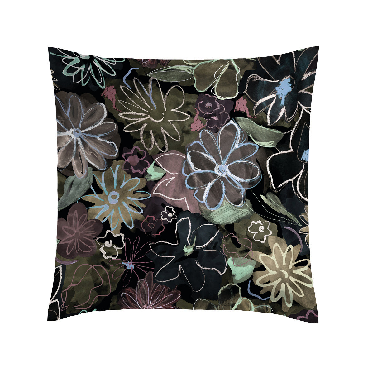 Taie d’oreiller satin de coton - Fleurs pastel Noir - 2 x (63 x 63 cm)